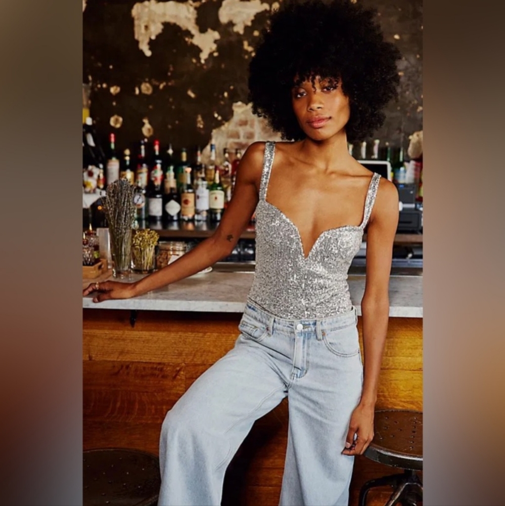 Free People Silver Sequin Bodysuit
